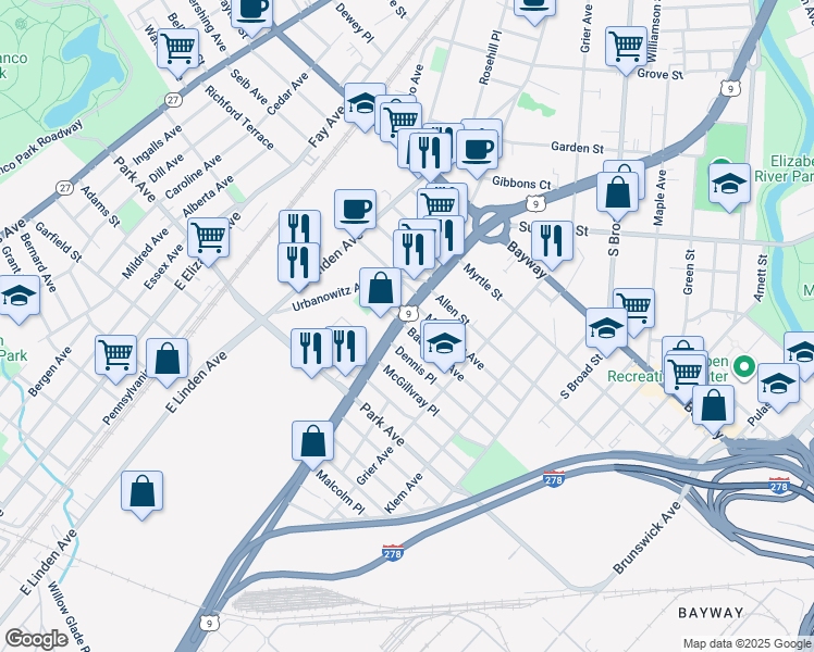 map of restaurants, bars, coffee shops, grocery stores, and more near 621 Dennis Place in Linden