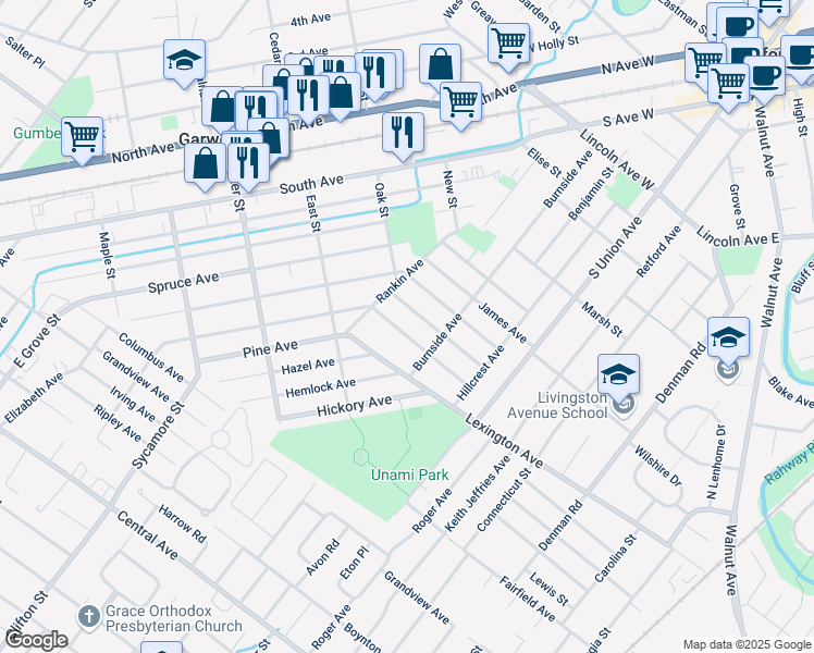 map of restaurants, bars, coffee shops, grocery stores, and more near 120 Lexington Avenue in Cranford