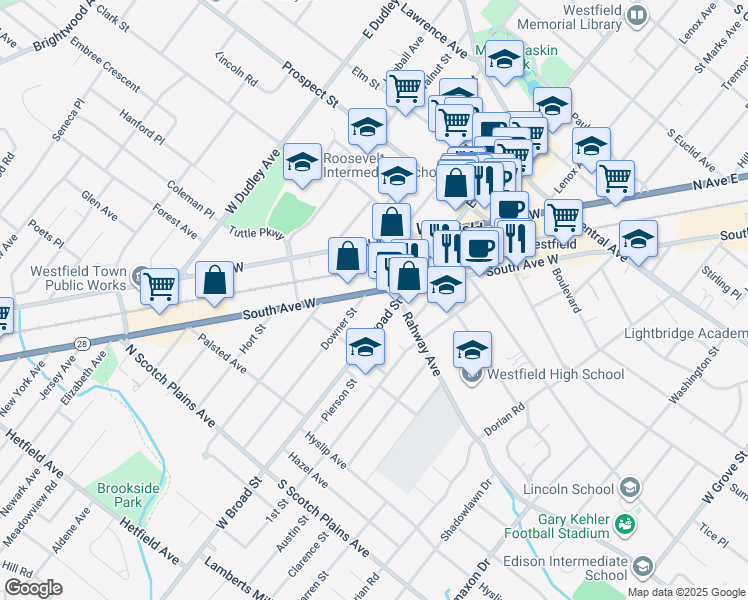 map of restaurants, bars, coffee shops, grocery stores, and more near 436 West Broad Street in Westfield