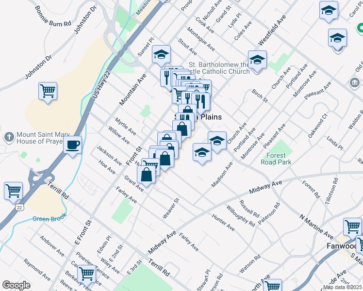 map of restaurants, bars, coffee shops, grocery stores, and more near 1754 East 2nd Street in Scotch Plains