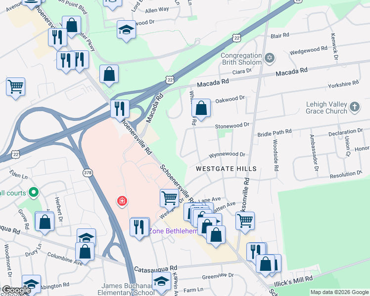 map of restaurants, bars, coffee shops, grocery stores, and more near 1467 Briarclift Drive in Bethlehem