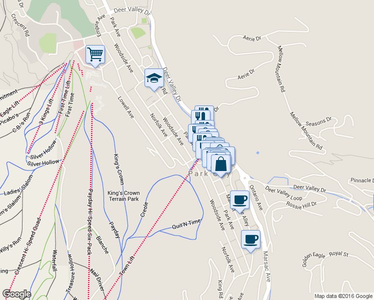 map of restaurants, bars, coffee shops, grocery stores, and more near 839 Woodside Avenue in Park City