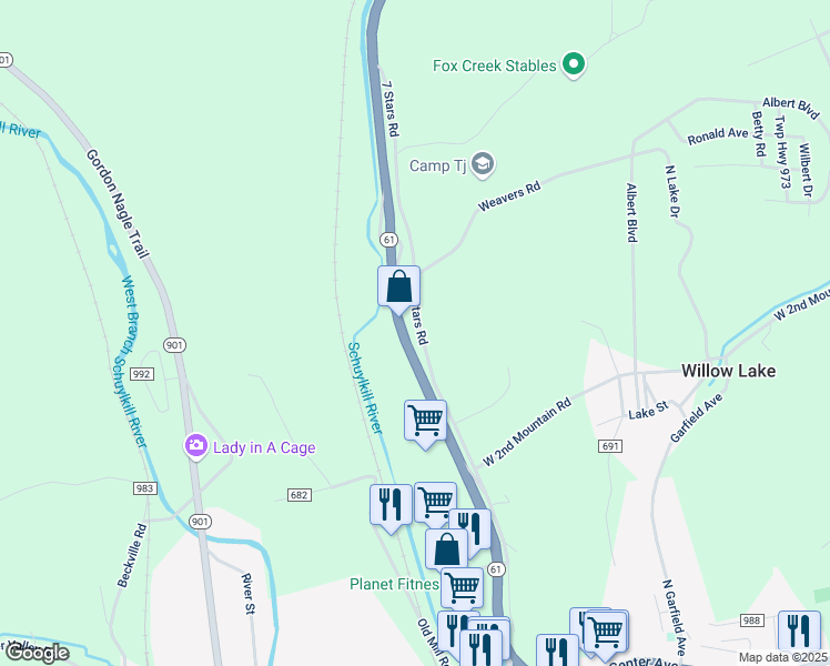 map of restaurants, bars, coffee shops, grocery stores, and more near 129 7 Stars Road in Pottsville