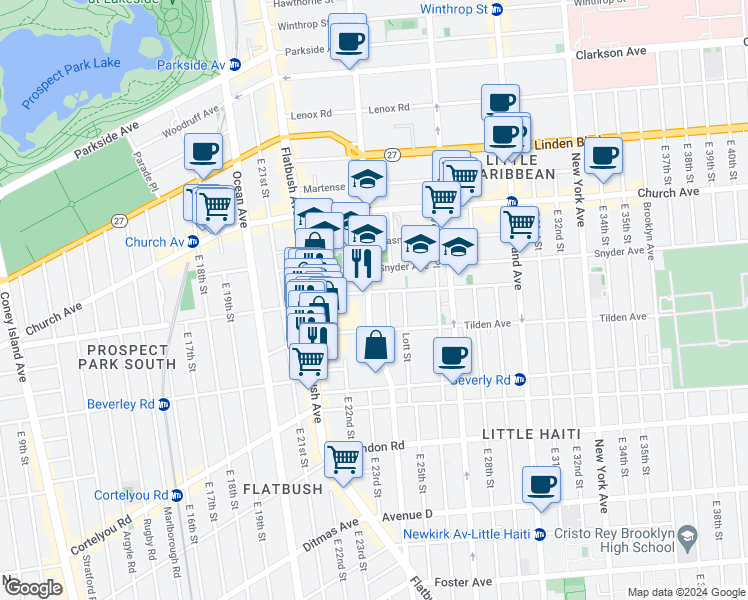 map of restaurants, bars, coffee shops, grocery stores, and more near 2301 Bedford Avenue in Brooklyn