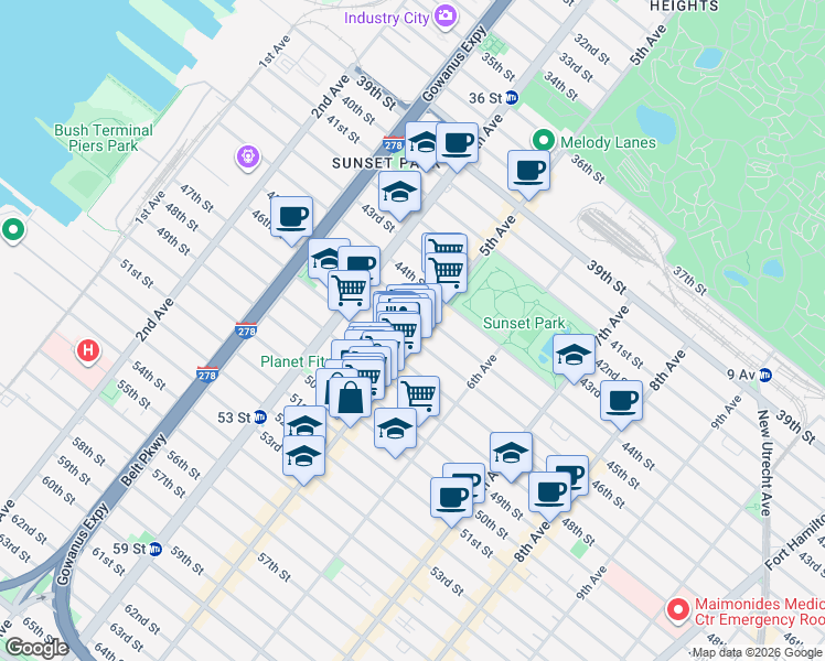 map of restaurants, bars, coffee shops, grocery stores, and more near 4621 5th Avenue in Brooklyn