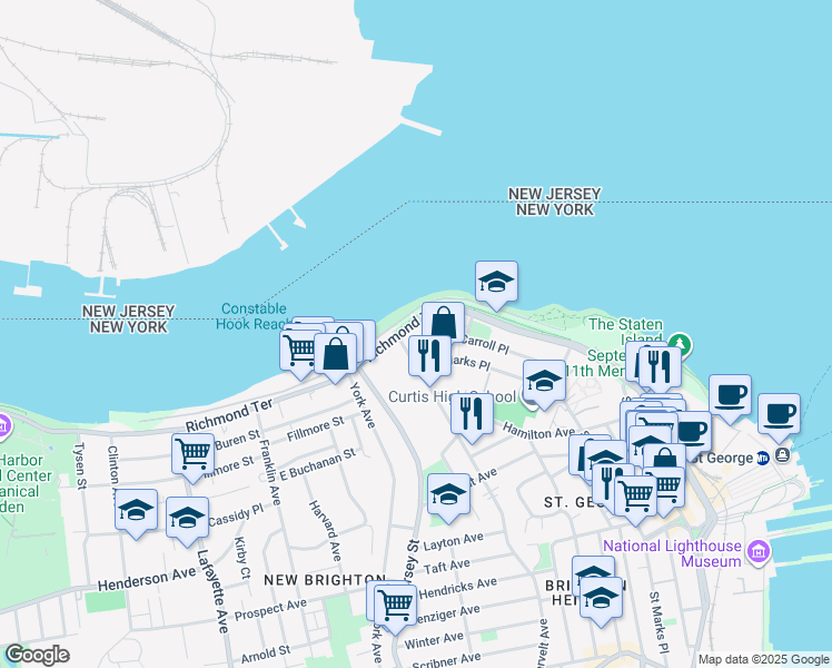 map of restaurants, bars, coffee shops, grocery stores, and more near 33 Carroll Place in Staten Island