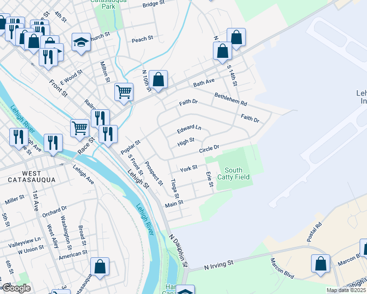map of restaurants, bars, coffee shops, grocery stores, and more near 265 Circle Drive in Catasauqua
