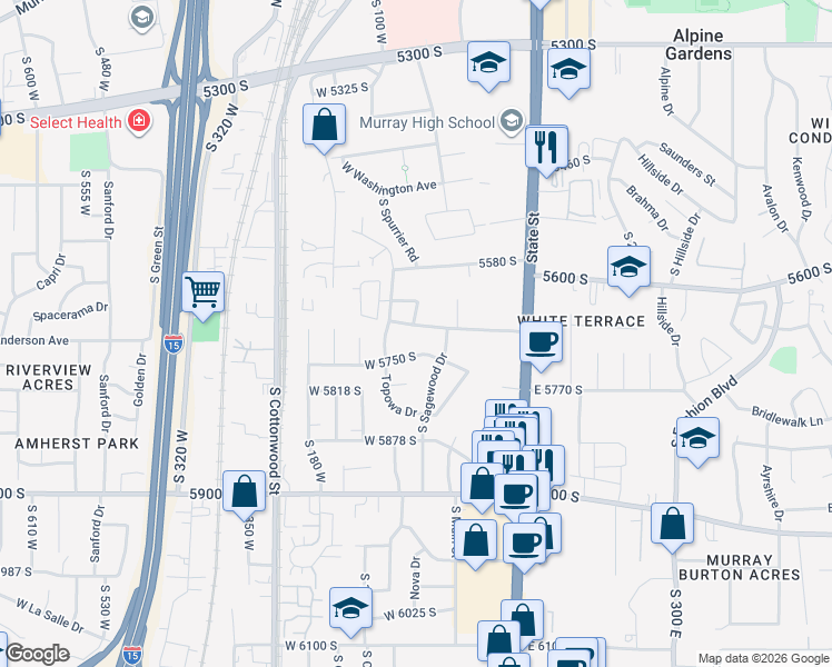 map of restaurants, bars, coffee shops, grocery stores, and more near 51 West Stauffer Lane in Murray