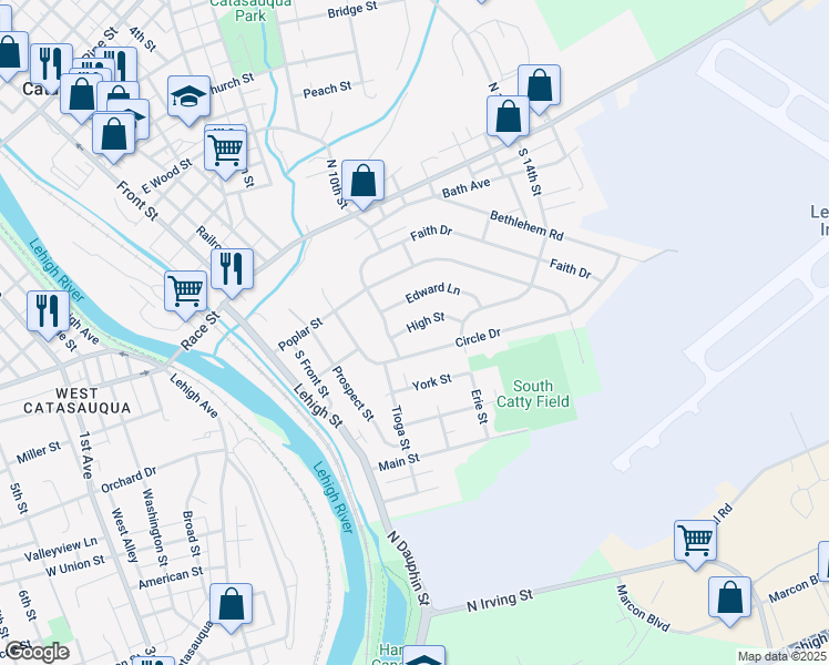 map of restaurants, bars, coffee shops, grocery stores, and more near 253 High Street in Catasauqua