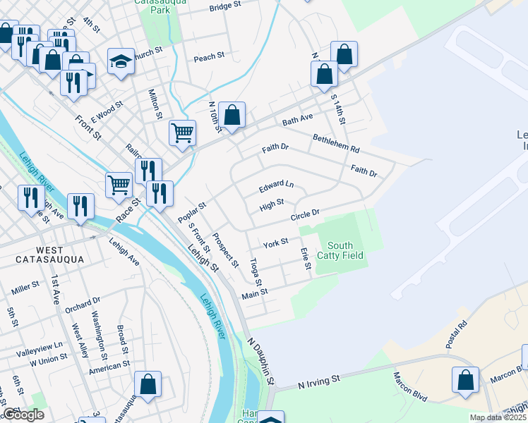 map of restaurants, bars, coffee shops, grocery stores, and more near 253 High Street in Catasauqua