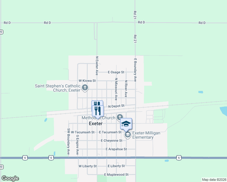 map of restaurants, bars, coffee shops, grocery stores, and more near 205 North Missouri Avenue in Exeter