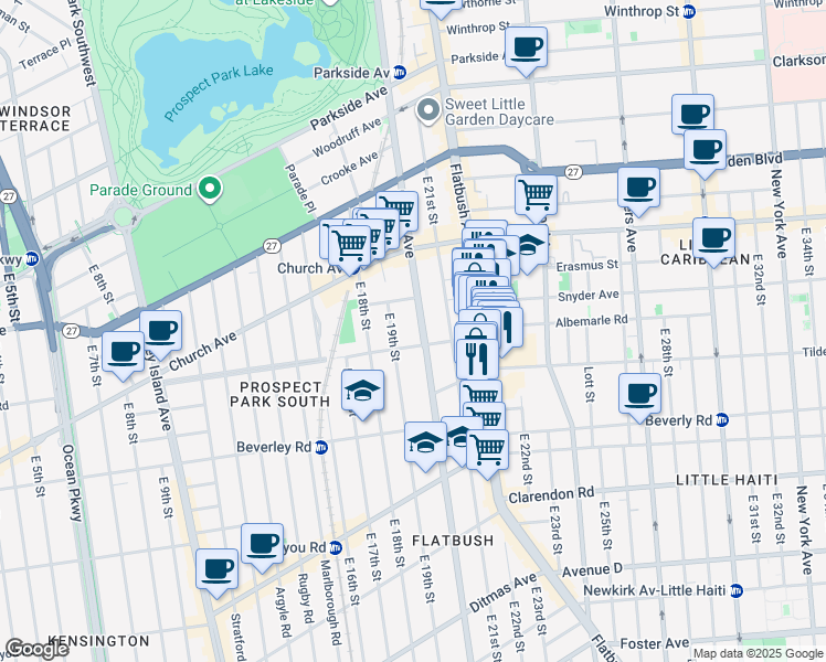 map of restaurants, bars, coffee shops, grocery stores, and more near 622 Ocean Avenue in Brooklyn