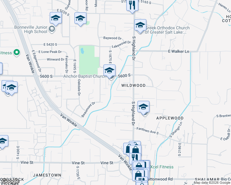 map of restaurants, bars, coffee shops, grocery stores, and more near 1900 East 5685 South in Holladay