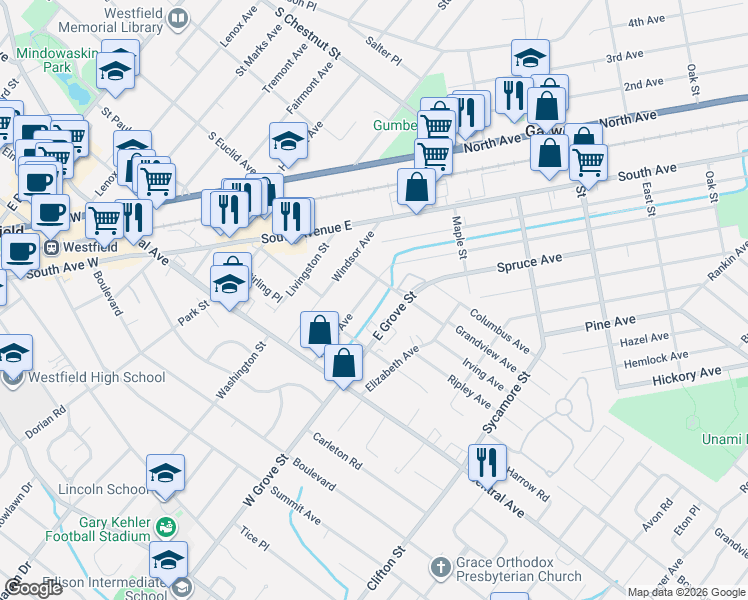map of restaurants, bars, coffee shops, grocery stores, and more near 215 East Grove Street in Westfield