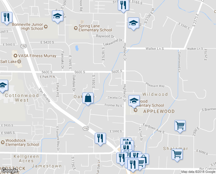 map of restaurants, bars, coffee shops, grocery stores, and more near 1900 East 5685 South in Holladay