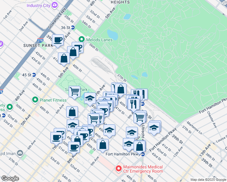 map of restaurants, bars, coffee shops, grocery stores, and more near 750 39th Street in Brooklyn