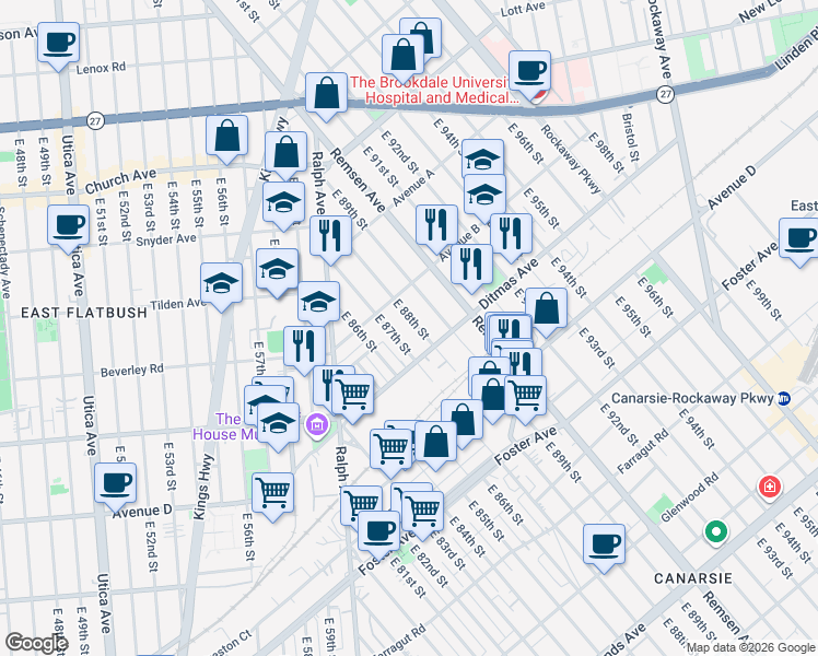 map of restaurants, bars, coffee shops, grocery stores, and more near 8701 Ditmas Avenue in Brooklyn