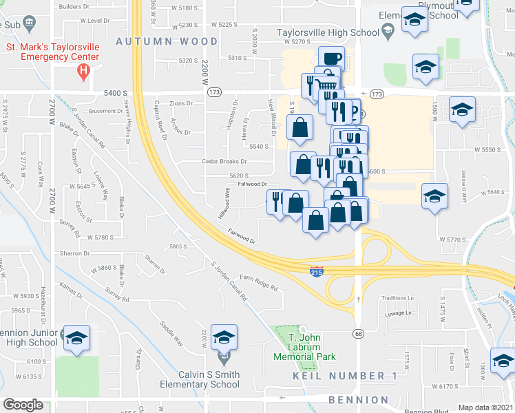 map of restaurants, bars, coffee shops, grocery stores, and more near 23 Fairwood Drive in Salt Lake City