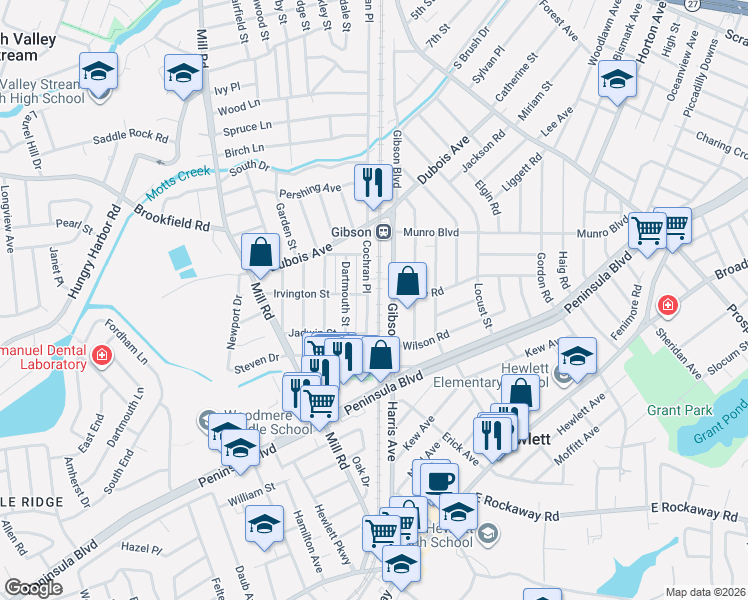map of restaurants, bars, coffee shops, grocery stores, and more near 388 Cochran Place in Valley Stream