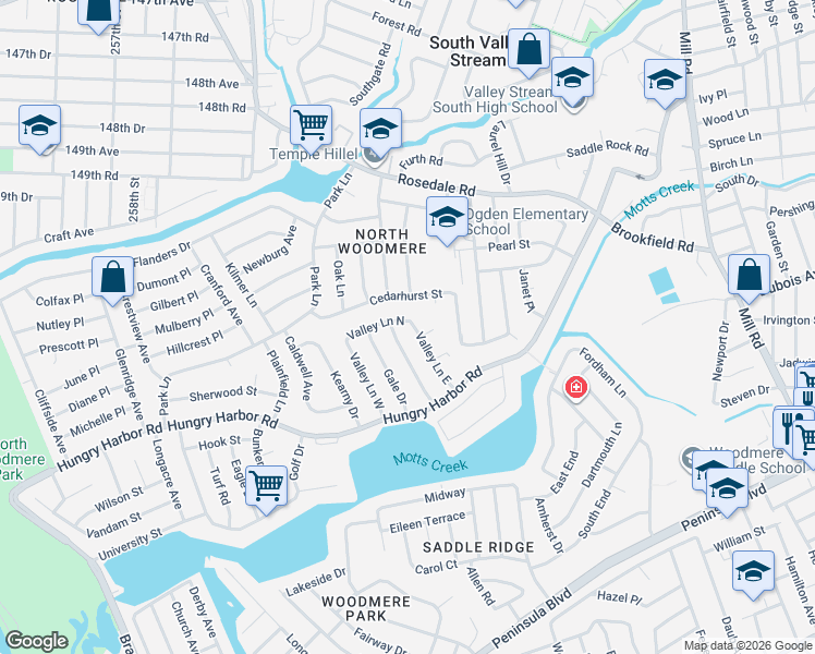 map of restaurants, bars, coffee shops, grocery stores, and more near 43 Valley Greens Drive in Valley Stream