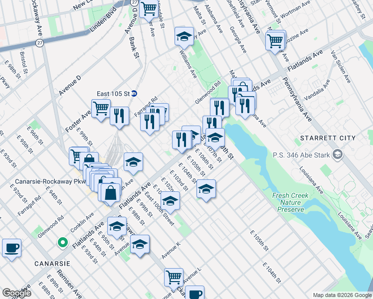 map of restaurants, bars, coffee shops, grocery stores, and more near 918 East 105th Street in Brooklyn