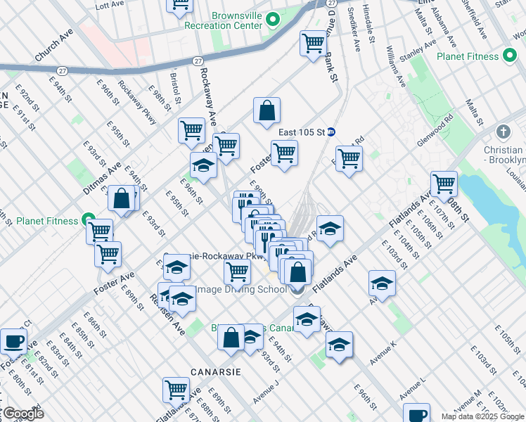 map of restaurants, bars, coffee shops, grocery stores, and more near 9717 Farragut Road in Brooklyn