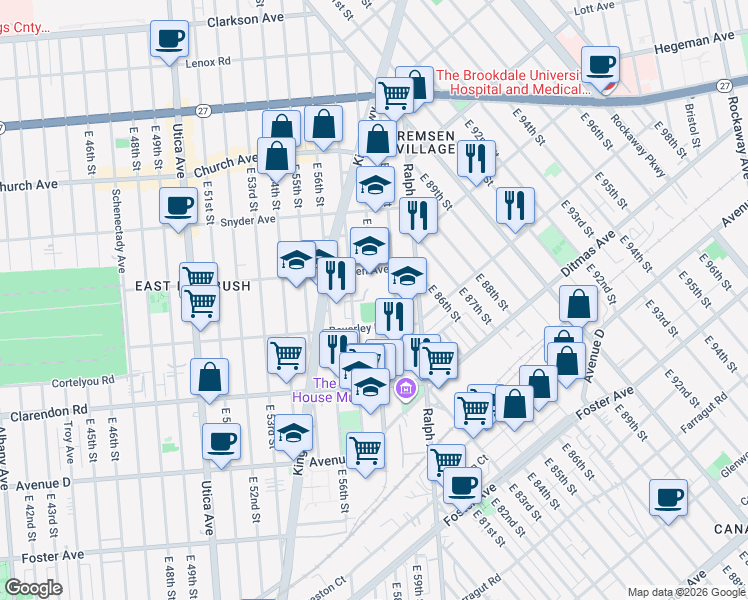 map of restaurants, bars, coffee shops, grocery stores, and more near 5818 Beverley Road in Brooklyn