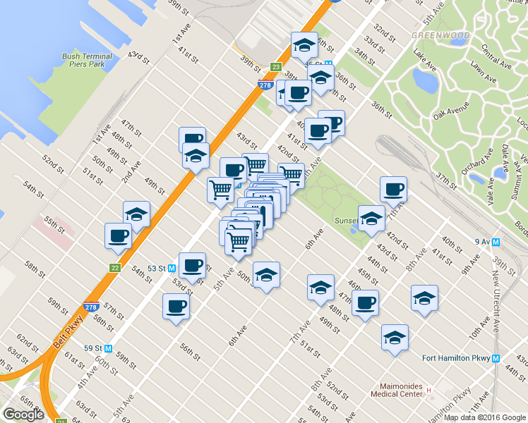 map of restaurants, bars, coffee shops, grocery stores, and more near 4621 5th Avenue in Brooklyn