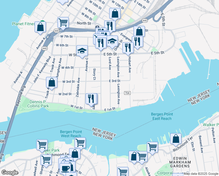 map of restaurants, bars, coffee shops, grocery stores, and more near 43 Lord Avenue in Bayonne