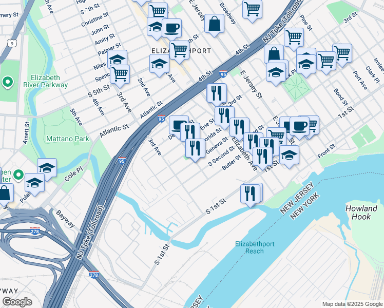 map of restaurants, bars, coffee shops, grocery stores, and more near 76 Geneva Street in Elizabeth