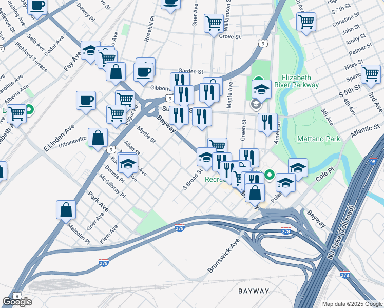map of restaurants, bars, coffee shops, grocery stores, and more near 644-662 Bayway in Elizabeth