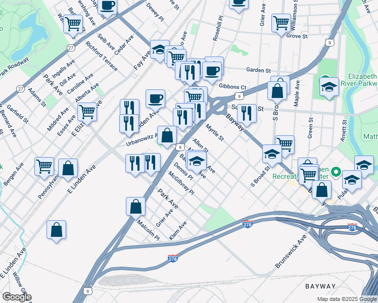 map of restaurants, bars, coffee shops, grocery stores, and more near 703 Bacheller Avenue in Linden
