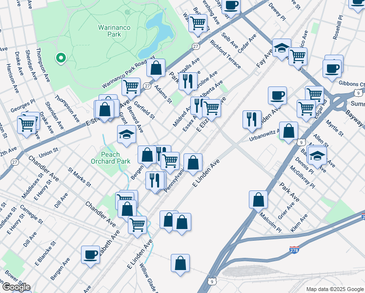 map of restaurants, bars, coffee shops, grocery stores, and more near in Linden