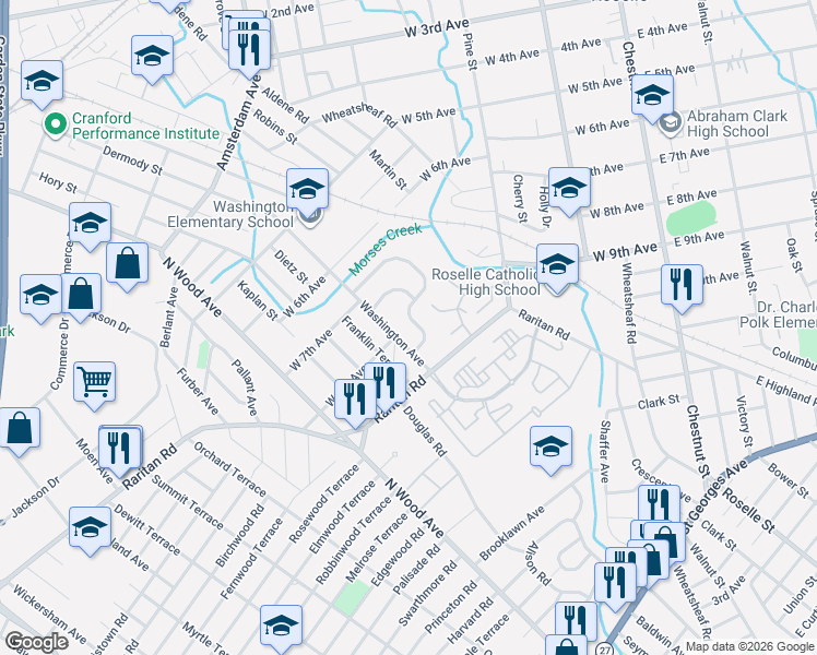 map of restaurants, bars, coffee shops, grocery stores, and more near 915 Washington Avenue in Roselle