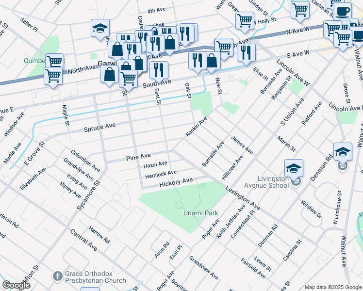 map of restaurants, bars, coffee shops, grocery stores, and more near 257 Pine Avenue in Garwood