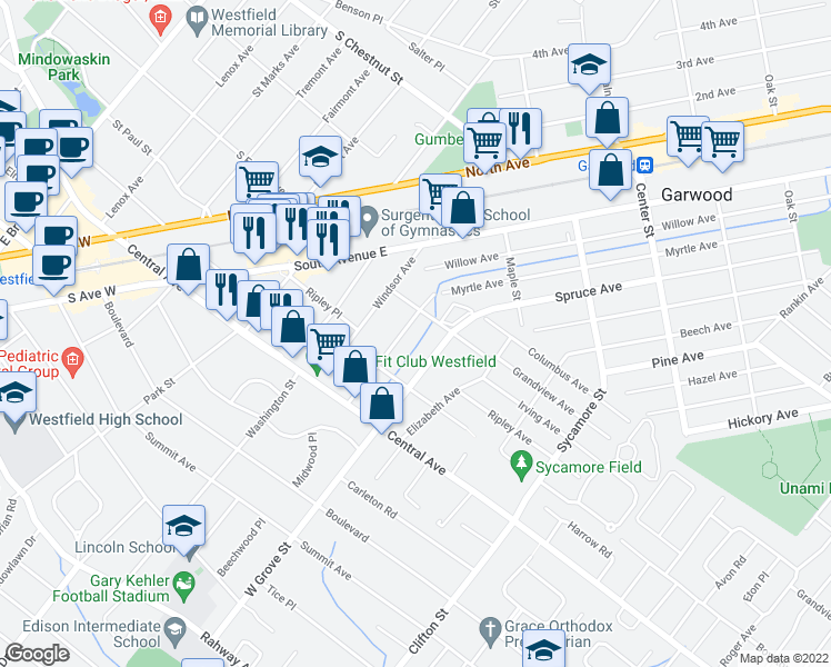 map of restaurants, bars, coffee shops, grocery stores, and more near 215 East Grove Street in Westfield