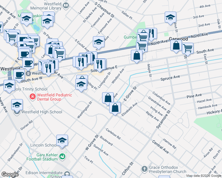 map of restaurants, bars, coffee shops, grocery stores, and more near 141 Myrtle Avenue in Westfield