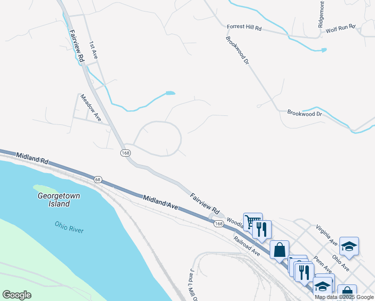map of restaurants, bars, coffee shops, grocery stores, and more near 19 Midland Heights Circle in Midland
