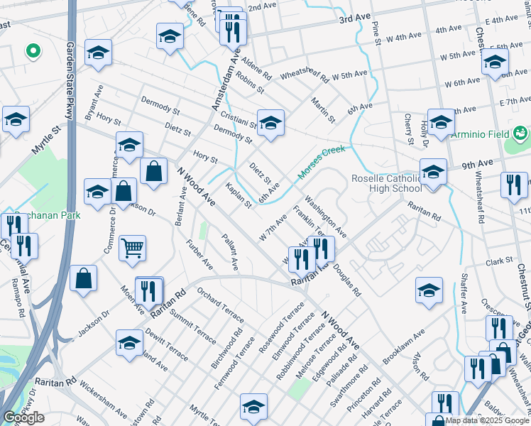 map of restaurants, bars, coffee shops, grocery stores, and more near 560 West 7th Avenue in Roselle