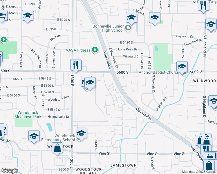 map of restaurants, bars, coffee shops, grocery stores, and more near 1579 Waterbury Way in Murray