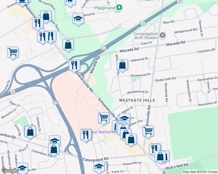 map of restaurants, bars, coffee shops, grocery stores, and more near 1467 Briarclift Drive in Bethlehem