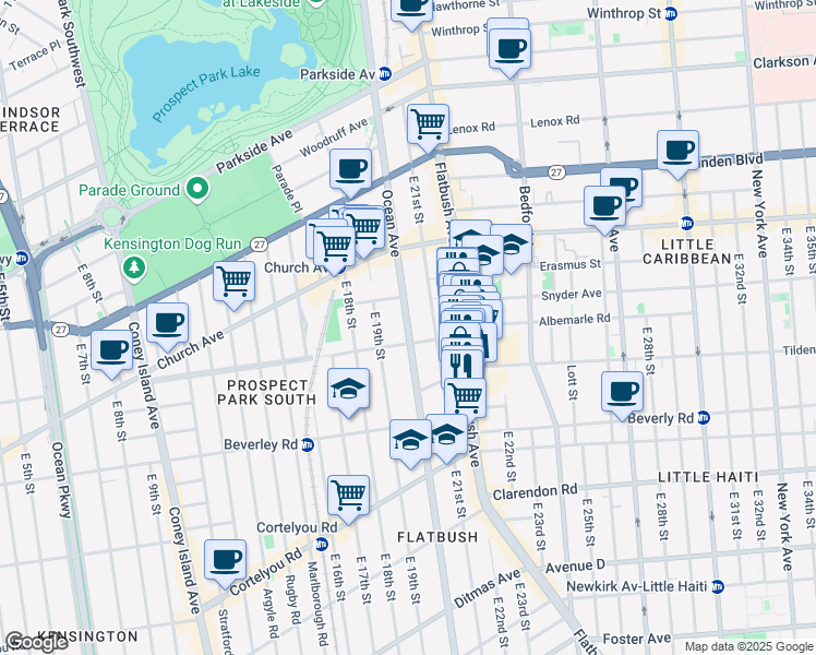 map of restaurants, bars, coffee shops, grocery stores, and more near 620 Ocean Avenue in Brooklyn