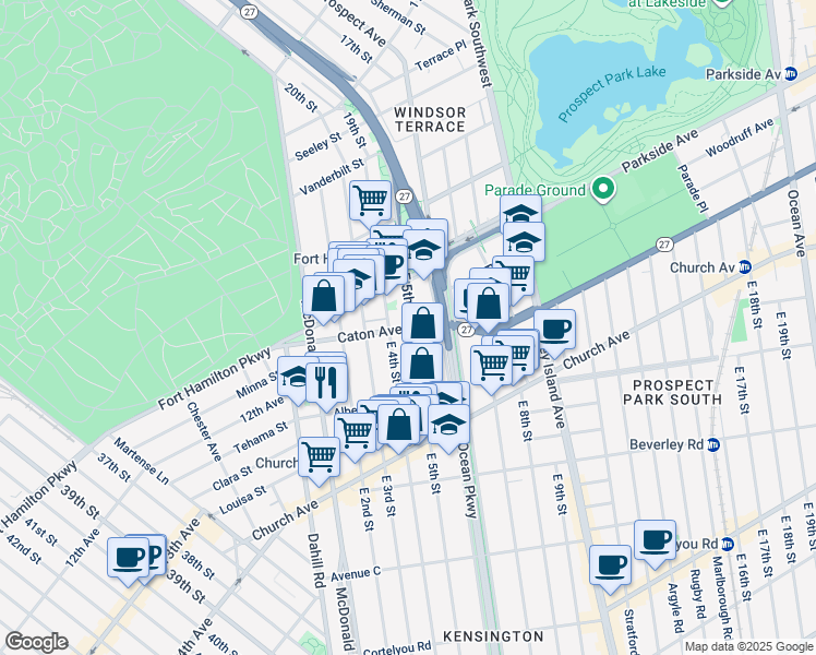 map of restaurants, bars, coffee shops, grocery stores, and more near 441 Caton Avenue in Brooklyn