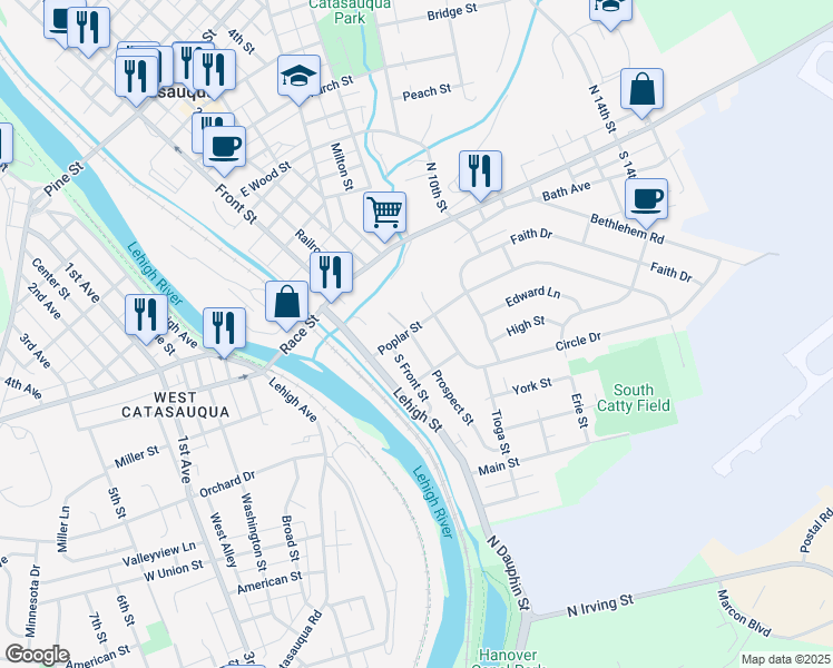 map of restaurants, bars, coffee shops, grocery stores, and more near 131 Poplar Street in Catasauqua