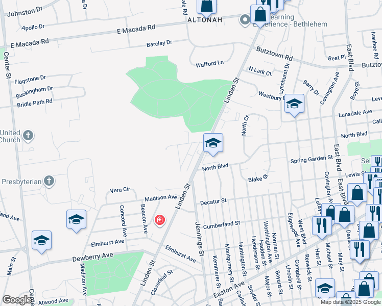 map of restaurants, bars, coffee shops, grocery stores, and more near 2454 Langhorne Drive in Bethlehem