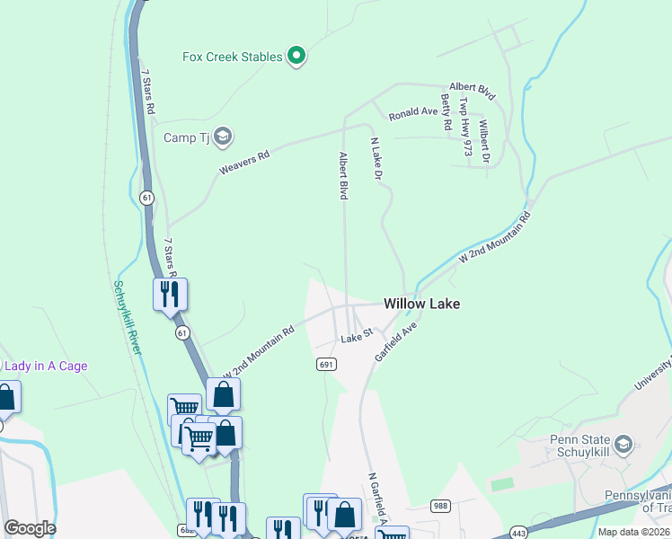 map of restaurants, bars, coffee shops, grocery stores, and more near 256 West 2nd Mountain Road in Pottsville