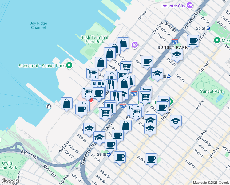 map of restaurants, bars, coffee shops, grocery stores, and more near 237 53rd Street in Brooklyn