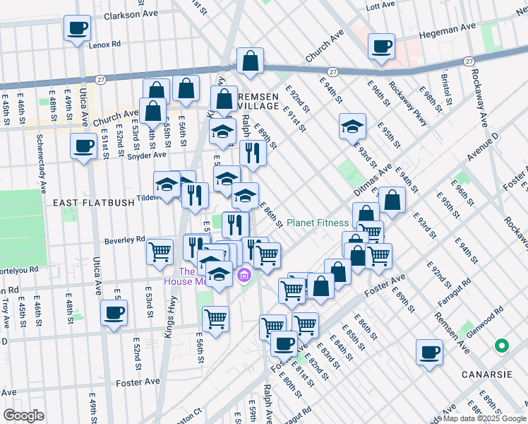 map of restaurants, bars, coffee shops, grocery stores, and more near 1193 Ralph Avenue in Brooklyn