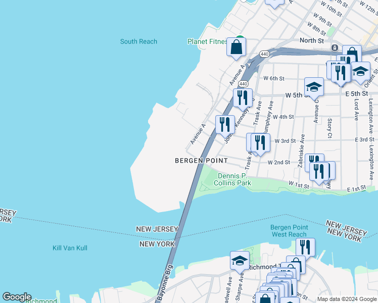 map of restaurants, bars, coffee shops, grocery stores, and more near 2 Avenue A in Bayonne