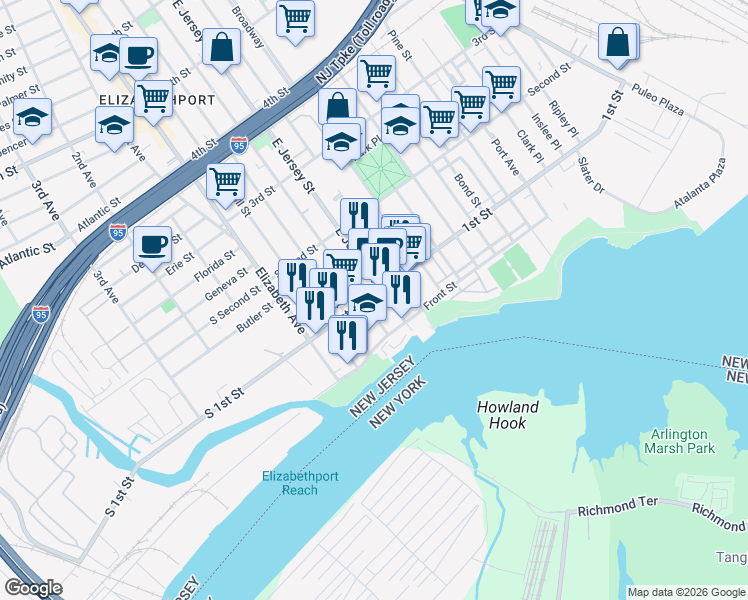 map of restaurants, bars, coffee shops, grocery stores, and more near 59 1st Street in Elizabeth